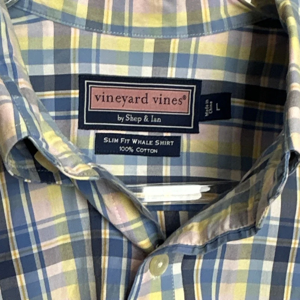 Vineyard Vines Plaid‎ Button-Down Shirt Men's L Blue Yellow Cotton Slim Fit